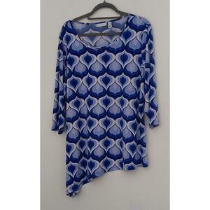 Susan Graver Blouse Women's Size 1X Floral Blue Asymmetrical Hem Liquid Knit